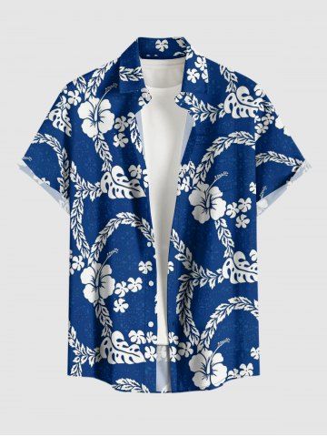 Hibiscus Flower Tropical Leaf Branch Print Hawaii Button Pocket Shirt For Men - BLUE - S