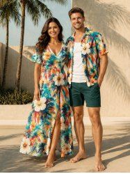 Hibiscus Flower Coconut Tree Print Matching Hawaii Beach Outfit For Couples -  