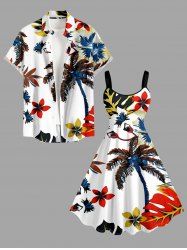 Coconut Tree Flowers Tropical Leaf Print Matching Hawaii Beach Outfit For Couples - Blanc 