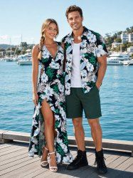 Tropical Leaf Hibiscus Flower Print Matching Hawaii Beach Outfit For Couples -  