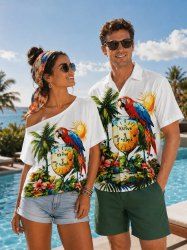 Coconut Tree Hibiscus Flower Parrot Clock Print Matching Hawaii Beach Outfit For Couples -  