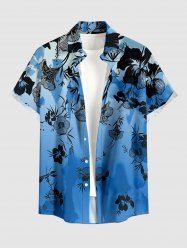 Hibiscus Flower Leaf Branch Print Hawaii Button Pocket Shirt For Men - Bleu 4XL