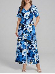 Hibiscus Flower Tropical Leaf Print V Neck Hawaii Wide Leg Jumpsuit - Bleu XS