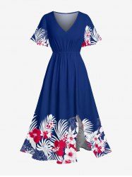 Tropical Leaf Flowers Print Split Hawaii Midi Dress -  