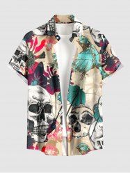 Skulls Flower Leaf Bird Print Hawaii Button Pocket Shirt For Men - café lumière 3XL