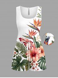 Hibiscus Flower Tropical Leaf Print Cinched Hawaii Romper - Vert clair XXS