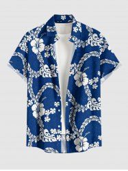 Chemise hawaïenne à boutons et poche pour homme, imprimé hibiscus, feuilles tropicales et branches - Bleu 3XL