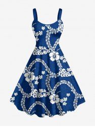 Robe trapèze hawaïenne à imprimé fleur d'hibiscus, feuilles tropicales et branches - Bleu S