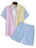 Men's Matching Two Piece Co Ord Striped Button Up Short Sleeves Shirt And Drawstring Shorts Set -  