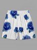 Men's Matching Two Piece Blue Floral Rose Print Camp Collar Short Sleeves Shirt And Drawstring Shorts Set -  