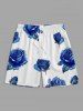 Men's Matching Two Piece Blue Floral Rose Print Camp Collar Short Sleeves Shirt And Drawstring Shorts Set -  