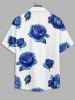 Men's Matching Two Piece Blue Floral Rose Print Camp Collar Short Sleeves Shirt And Drawstring Shorts Set -  