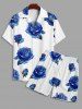 Men's Matching Two Piece Blue Floral Rose Print Camp Collar Short Sleeves Shirt And Drawstring Shorts Set -  