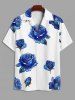Men's Matching Two Piece Blue Floral Rose Print Camp Collar Short Sleeves Shirt And Drawstring Shorts Set -  