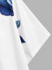 Men's Matching Two Piece Blue Floral Rose Print Camp Collar Short Sleeves Shirt And Drawstring Shorts Set -  