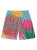 Men's Matching Two Piece Vibrant Coral Potted Plants Print Camp Collar Short Sleeves Shirt And Drawstring Shorts Set -  