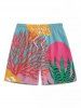 Men's Matching Two Piece Vibrant Coral Potted Plants Print Camp Collar Short Sleeves Shirt And Drawstring Shorts Set -  