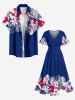 Tropical Leaf Flowers Print Split Hawaii Midi Dress - Bleu profond L