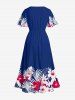 Tropical Leaf Flowers Print Split Hawaii Midi Dress - Bleu profond 4X