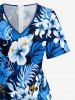 Hibiscus Flower Tropical Leaf Print V Neck Hawaii Wide Leg Jumpsuit - Bleu XS