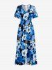 Hibiscus Flower Tropical Leaf Print V Neck Hawaii Wide Leg Jumpsuit - Bleu XS
