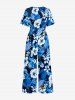 Hibiscus Flower Tropical Leaf Print V Neck Hawaii Wide Leg Jumpsuit - Bleu XS