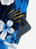 Hibiscus Flower Tropical Leaf Print V Neck Hawaii Wide Leg Jumpsuit - Bleu XS