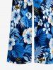 Hibiscus Flower Tropical Leaf Print V Neck Hawaii Wide Leg Jumpsuit - Bleu XS