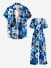 Hibiscus Flower Tropical Leaf Print V Neck Hawaii Wide Leg Jumpsuit - Bleu XS