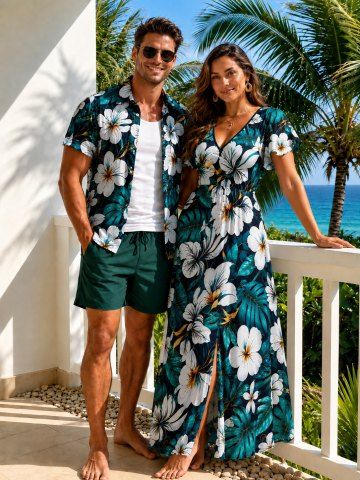 Flowers Tropical Leaf Print Plus Size Matching Hawaii Beach Outfit For Couples - DARK TURQUOISE