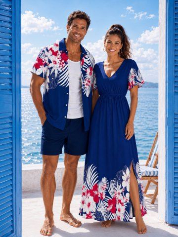Tropical Leaf Flowers Print Plus Size Matching Hawaii Beach Outfit For Couples - DEEP BLUE