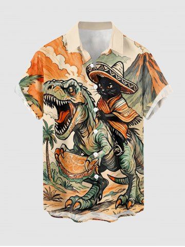 Plus Size Dinosaur Cat Mountain Print Buttons Pocket Hawaii Shirt For Men - ORANGE - XL