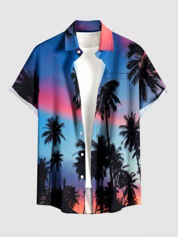Plus Size Coconut Tree Ombre Sky Print Hawaii Button Pocket Shirt For Men - BLUE - S