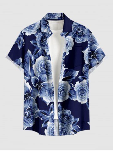 Plus Size Leaf Flower Print Hawaii Button Pocket Shirt For Men