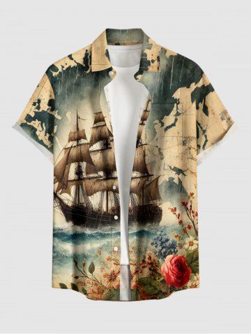 Plus Size Map Sailboat Sea Flower Print Hawaii Cruise Button Pocket Shirt For Men - LIGHT COFFEE - 6XL