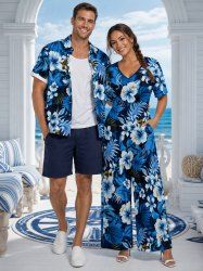 Hibiscus Flower Tropical Leaf Print Matching Hawaii Beach Outfit For Couples -  