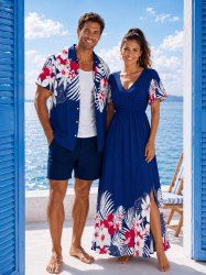 Tropical Leaf Flowers Print Matching Hawaii Beach Outfit For Couples -  