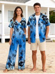 Hibiscus Flower Leaf Branch Print Matching Hawaii Beach Outfit For Couples -  