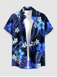 Tropical Leaf Hibiscus Flower Print Hawaii Button Pocket Shirt For Men - Bleu Marine 3XL