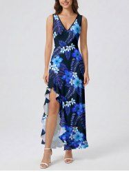 Tropical Leaf Hibiscus Flower Print Hawaii Ruffles Split Dress - Bleu Marine XS