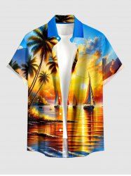 Coconut Tree Sailboat Sun Seascape Print Buttons Pocket Hawaii Shirt For Men - Bleu 3XL