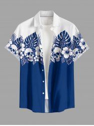 Hibiscus Flower Tropical Leaf Skull Colorblock Print Buttons Pocket Hawaii Shirt For Men - Bleu 3XL