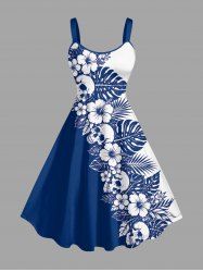 Hibiscus Flower Tropical Leaf Skull Colorblock Print Hawaii Tank Dress - Bleu 5X