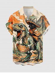 Dinosaur Cat Mountain Print Buttons Pocket Hawaii Shirt For Men - Orange L