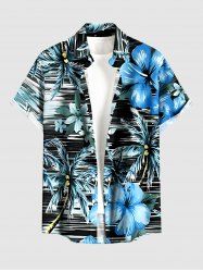 Coconut Tree Hibiscus Flower Print Hawaii Button Pocket Shirt For Men -  