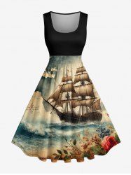 Map Sailboat Sea Flower Print Hawaii Cruise Vintage Swing A Line Dress -  
