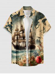 Plus Size Map Sailboat Sea Flower Print Hawaii Cruise Button Pocket Shirt For Men -  