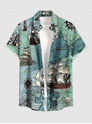 Chemise hawaïenne pour homme, style croisière, à imprimé crâne et voilier en mer, avec boutons et poche. - Turquoise Foncée 6XL
