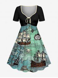 Robe trapèze ceinturée à imprimé crâne, voilier et mer, croisière hawaïenne - Turquoise Foncée 4X