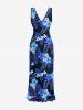 Tropical Leaf Hibiscus Flower Print Hawaii Ruffles Split Dress - Bleu Marine XS